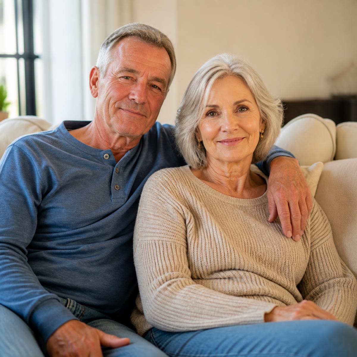 A relaxed older American couple sitting together at home, looking calm and reassured.